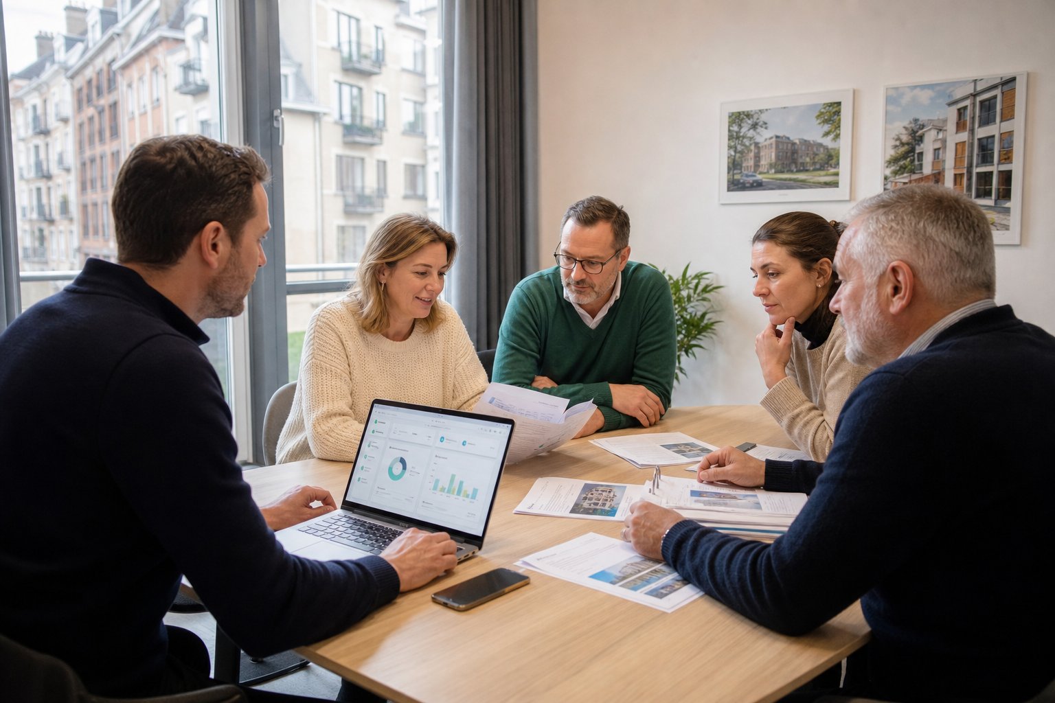 Gebouwbeheerder gebruikt digitale informatie tijdens een VME-vergadering